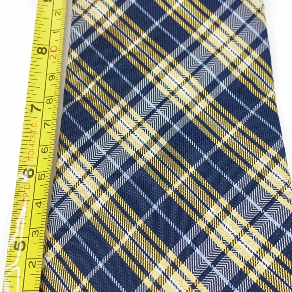 CHAPS Tie Navy & Light Blue Yellow Plaid Striped 100% Silk Hand Made Necktie 58